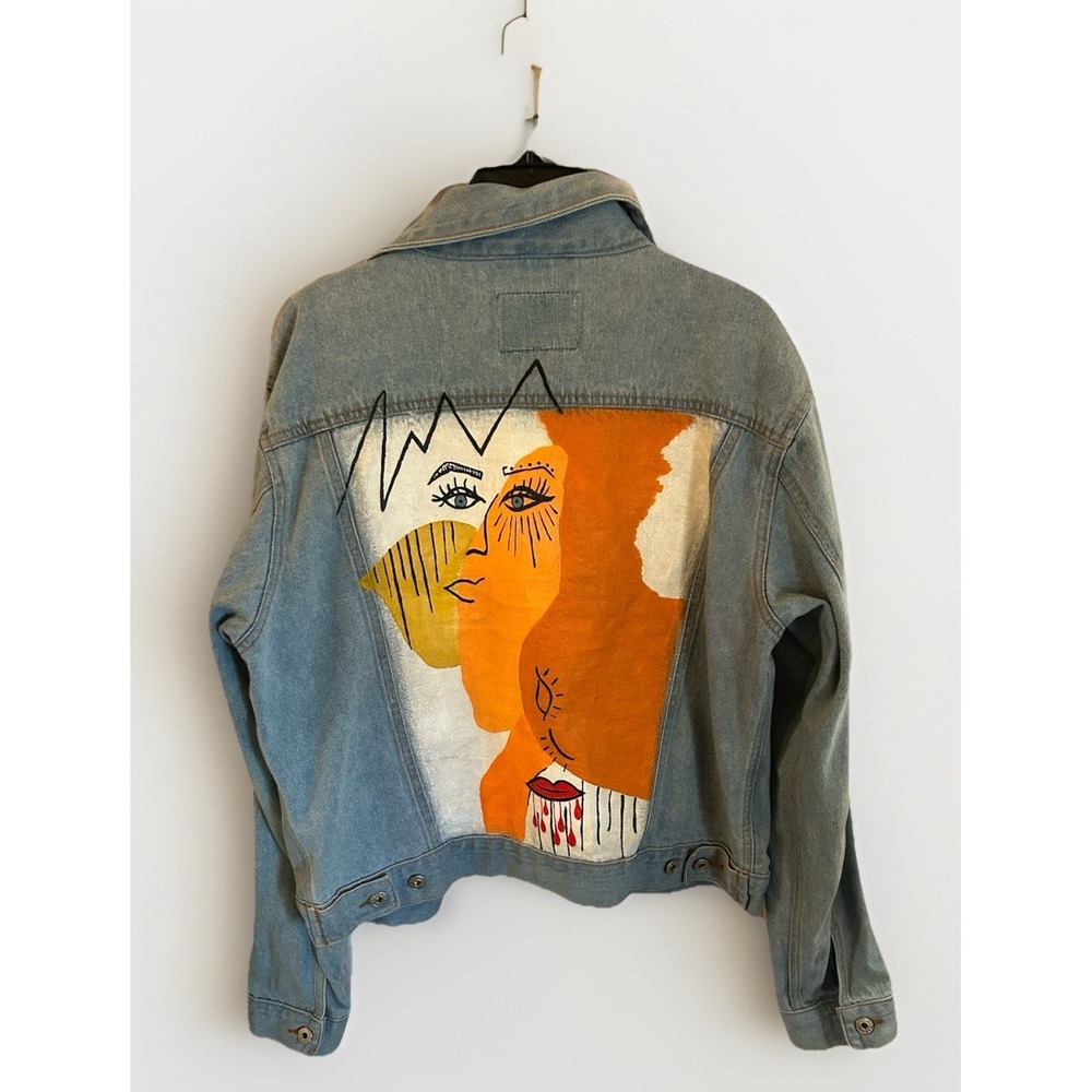 Abstract Hand Painted‎ Denim Jacket By @mal'sdesigns Light Wash Unisex Sz Med